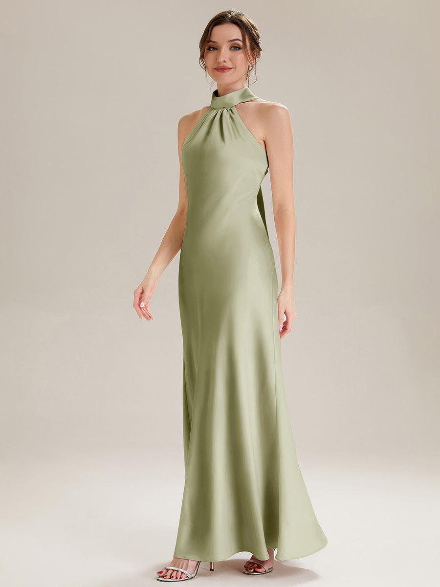 Midi Länge Halter Neck Meerjungfrau Satin Kleid Mit Oberschenkel Hohem Schlitz Und Rückenfreier Gestaltung Kleid #Farbe_Salbeigrün