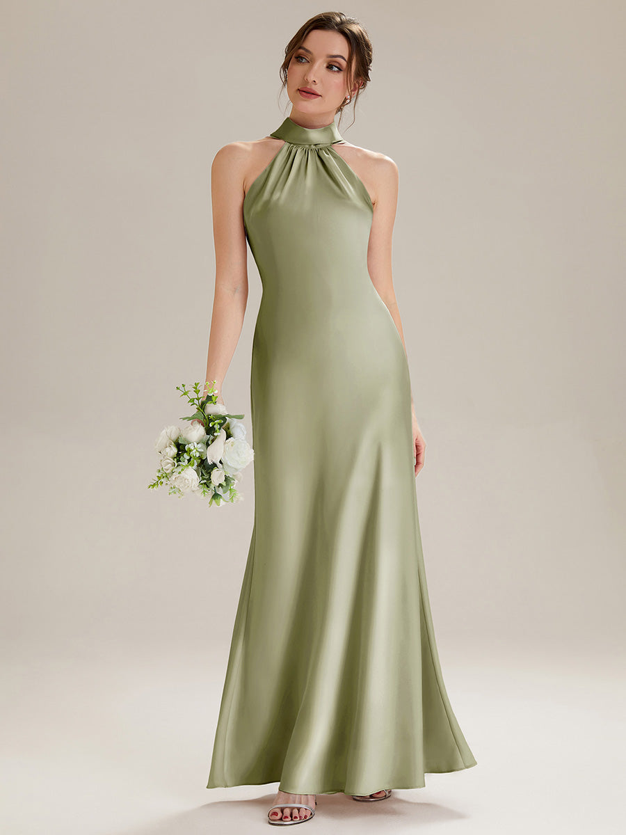 Midi Länge Halter Neck Meerjungfrau Satin Kleid Mit Oberschenkel Hohem Schlitz Und Rückenfreier Gestaltung Kleid #Farbe_Salbeigrün