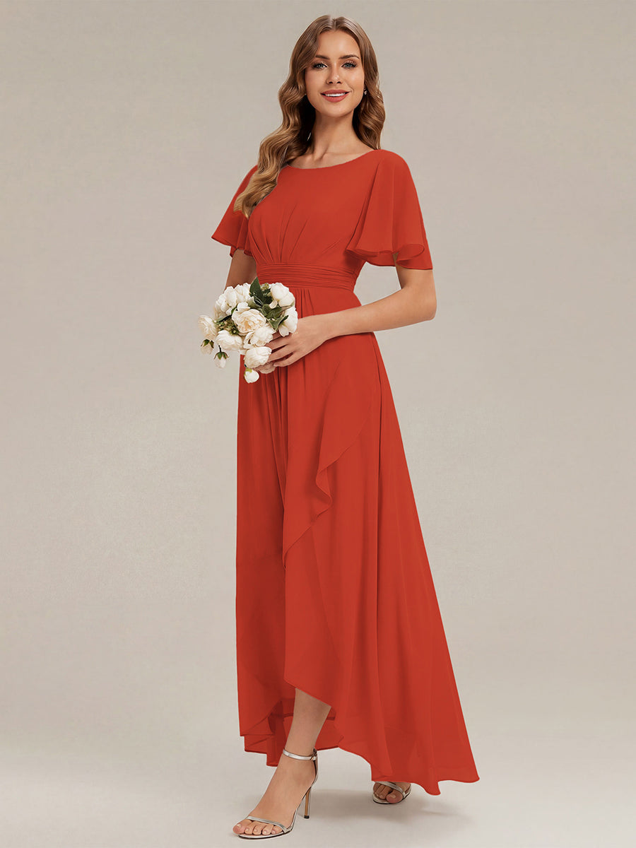 High-Low Chiffon Kleid Mit Rundhalsausschnitt Asymmetrischem Saum Gerüschten Und Rüschen Details Faltenoptik #Farbe_Gebranntes Orange