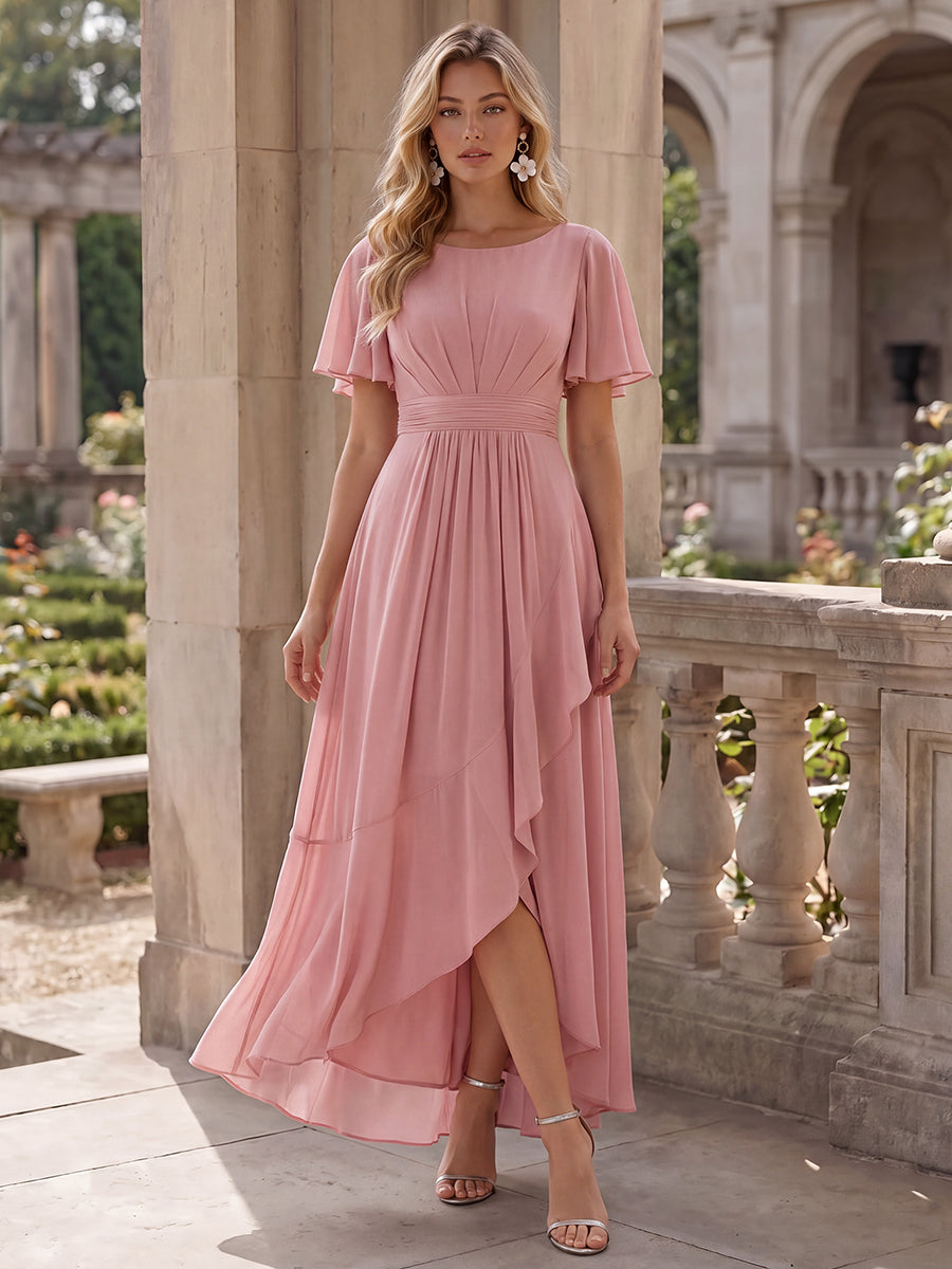 High-Low Chiffon Kleid Mit Rundhalsausschnitt Asymmetrischem Saum Gerüschten Und Rüschen Details Faltenoptik #Farbe_Altrosa