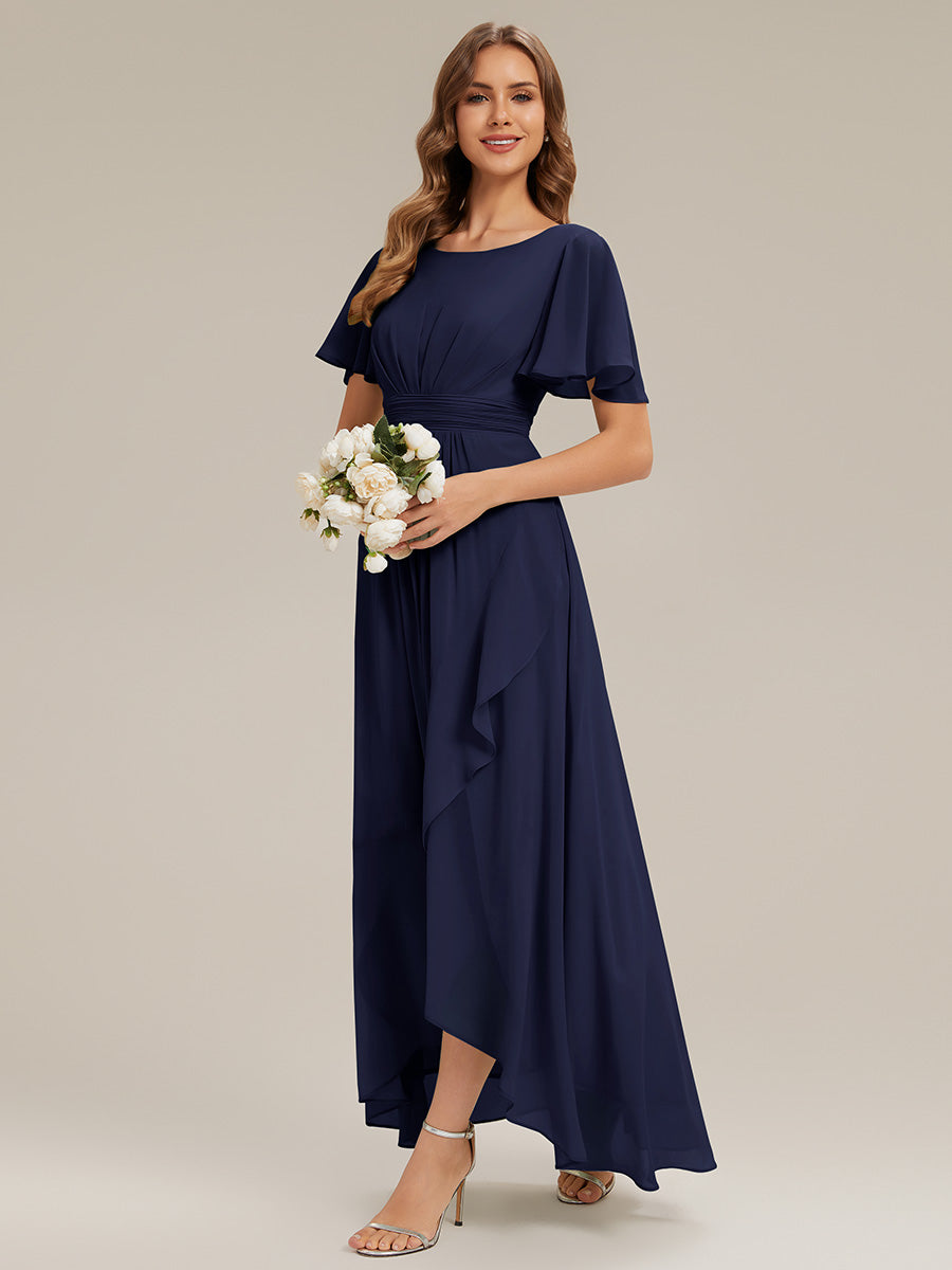 High-Low Chiffon Kleid Mit Rundhalsausschnitt Asymmetrischem Saum Gerüschten Und Rüschen Details Faltenoptik #Farbe_Marineblau