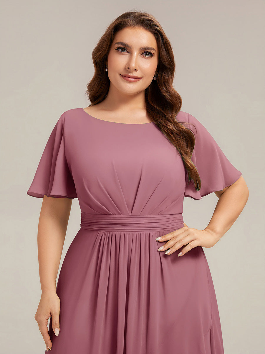 High-Low Chiffon Kleid Mit Rundhalsausschnitt Asymmetrischem Saum Gerüschten Und Rüschen Details Faltenoptik #Farbe_Orchideenviolett