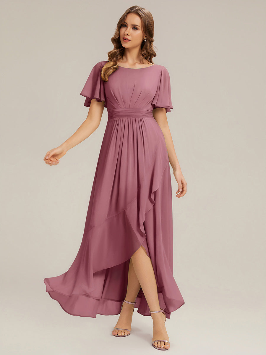 High-Low Chiffon Kleid Mit Rundhalsausschnitt Asymmetrischem Saum Gerüschten Und Rüschen Details Faltenoptik #Farbe_Orchideenviolett