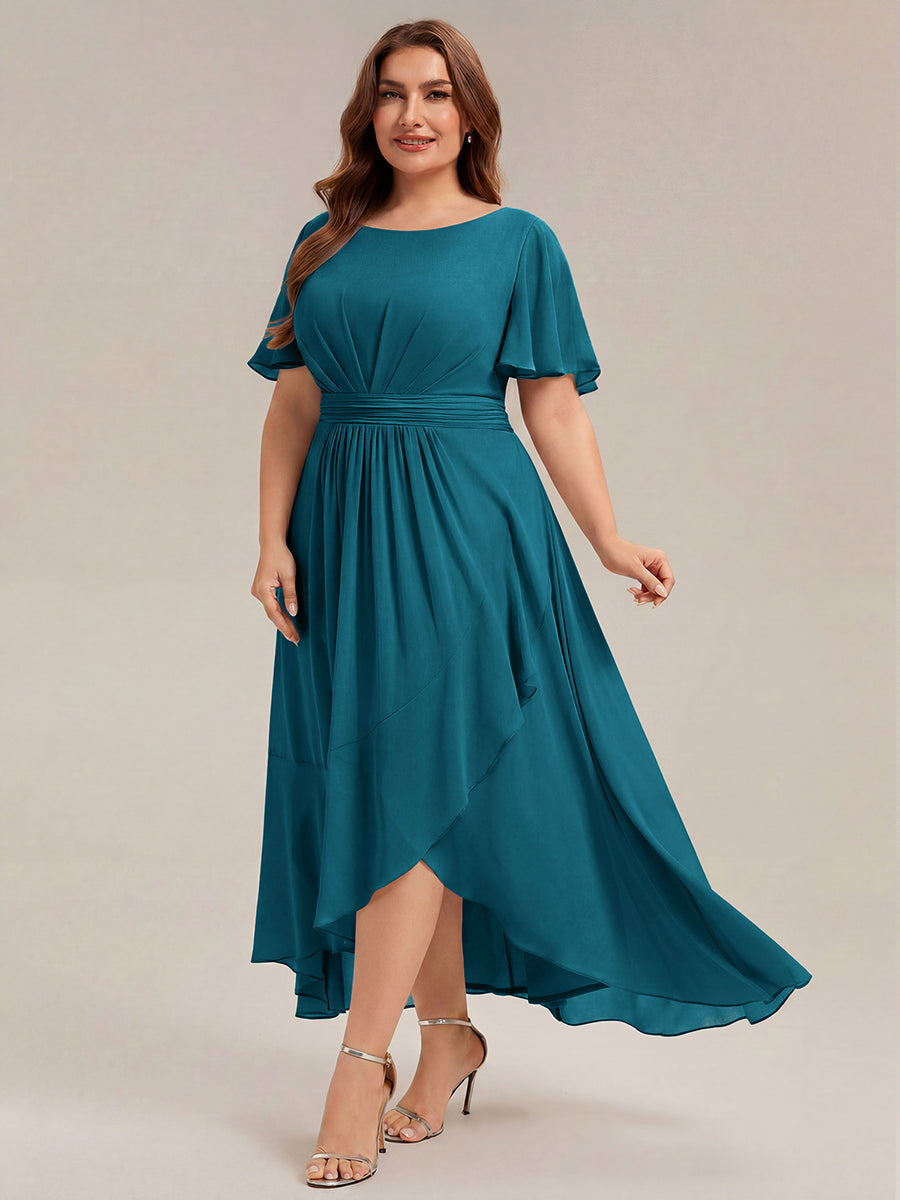High-Low Chiffon Kleid Mit Rundhalsausschnitt Asymmetrischem Saum Gerüschten Und Rüschen Details Faltenoptik #Farbe_Petrol