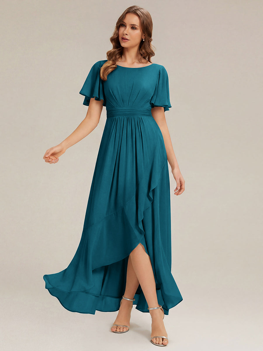 High-Low Chiffon Kleid Mit Rundhalsausschnitt Asymmetrischem Saum Gerüschten Und Rüschen Details Faltenoptik #Farbe_Petrol