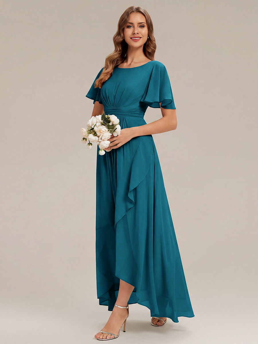 High-Low Chiffon Kleid Mit Rundhalsausschnitt Asymmetrischem Saum Gerüschten Und Rüschen Details Faltenoptik #Farbe_Petrol