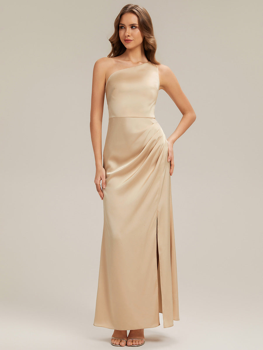 Bodenlanger Asymmetrischer Sheath Satin Kleid Mit Hohem Schlitz Elegantes Abendkleid #Farbe_Champagner