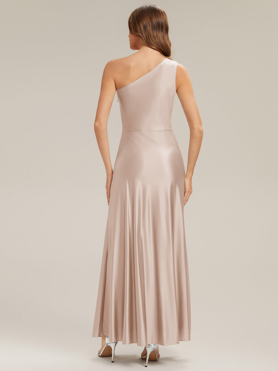Bodenlanger Asymmetrischer A-Linien Satin Kleid Mit Hohem Schlitz Und Geknotetem Detail #Farbe_Champagner