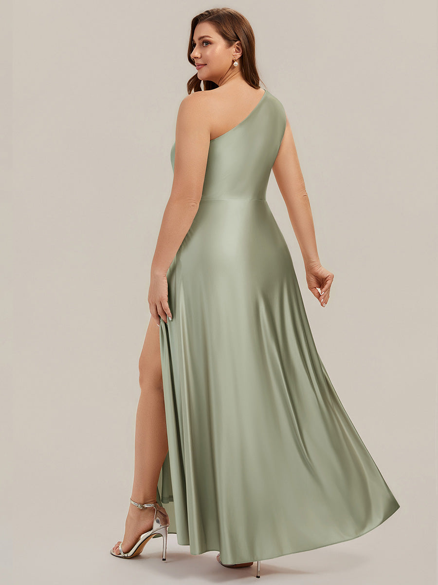 Bodenlanger Asymmetrischer A-Linien Satin Kleid Mit Hohem Schlitz Und Geknotetem Detail #Farbe_Salbeigrün