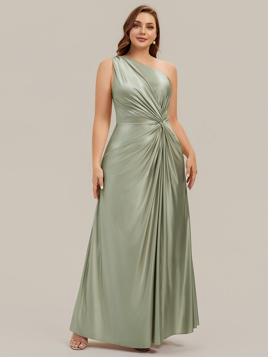 Bodenlanger Asymmetrischer A-Linien Satin Kleid Mit Hohem Schlitz Und Geknotetem Detail #Farbe_Salbeigrün