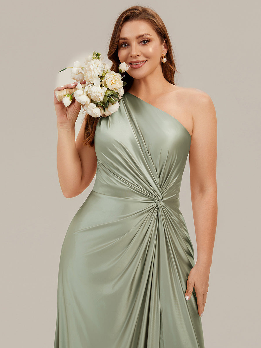 Bodenlanger Asymmetrischer A-Linien Satin Kleid Mit Hohem Schlitz Und Geknotetem Detail #Farbe_Salbeigrün