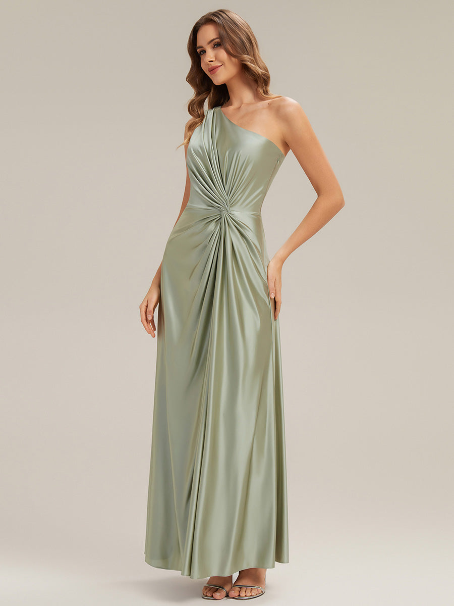 Bodenlanger Asymmetrischer A-Linien Satin Kleid Mit Hohem Schlitz Und Geknotetem Detail #Farbe_Salbeigrün