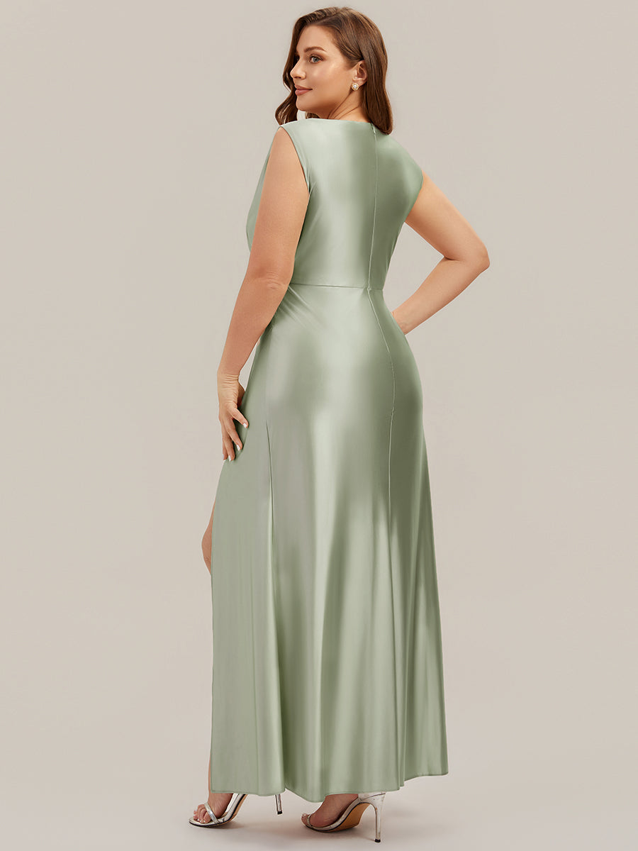 Bodenlanger Cowl Neck Meerjungfrau Satin Kleid Mit Hohem Schlitz Elegantes Design Kleid #Farbe_Salbeigrün