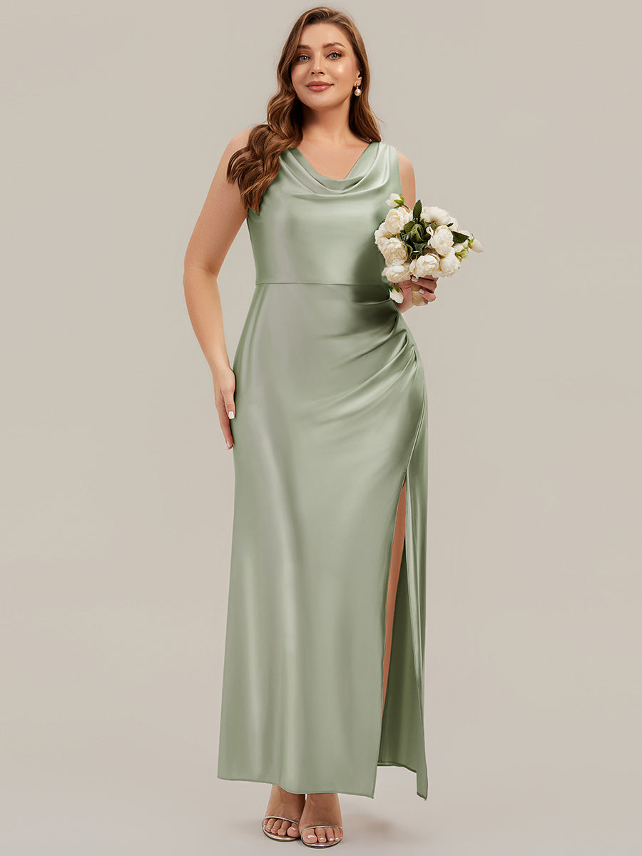 Bodenlanger Cowl Neck Meerjungfrau Satin Kleid Mit Hohem Schlitz Elegantes Design Kleid #Farbe_Salbeigrün