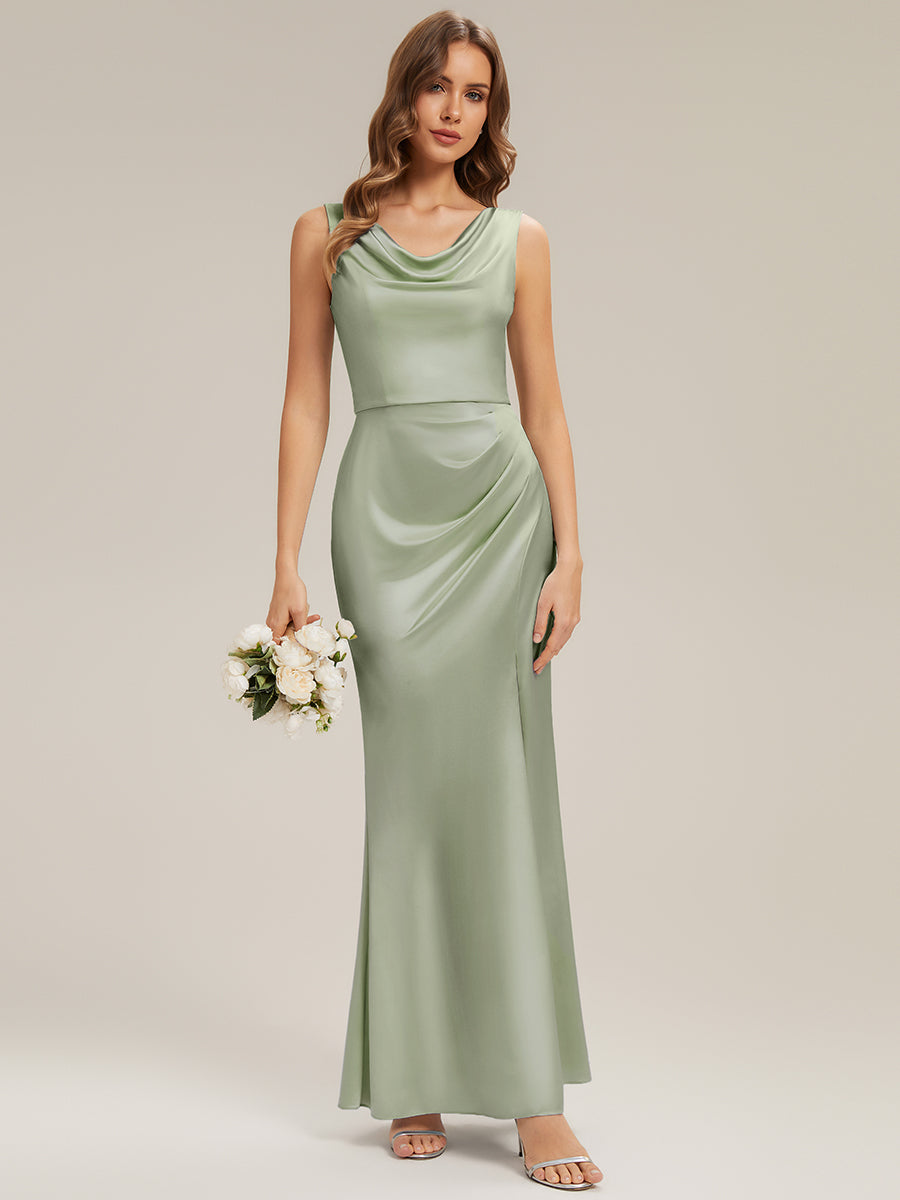Bodenlanger Cowl Neck Meerjungfrau Satin Kleid Mit Hohem Schlitz Elegantes Design Kleid #Farbe_Salbeigrün