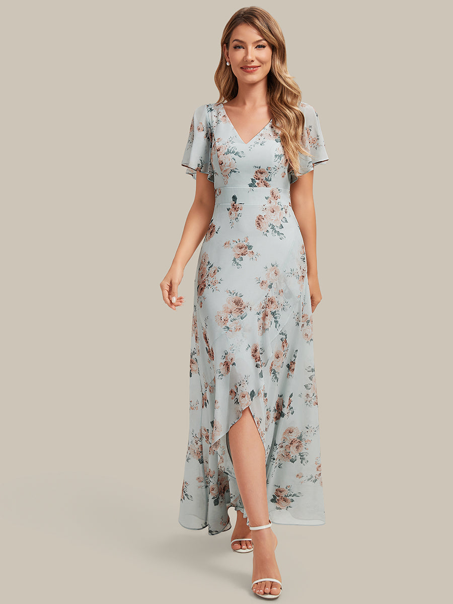 Asymmetrischer Saum V-Ausschnitt Chiffon Kleid Mit Tiefem V-Ausschnitt R¨¹schen Und Raffung Details #Farbe_Bernstein