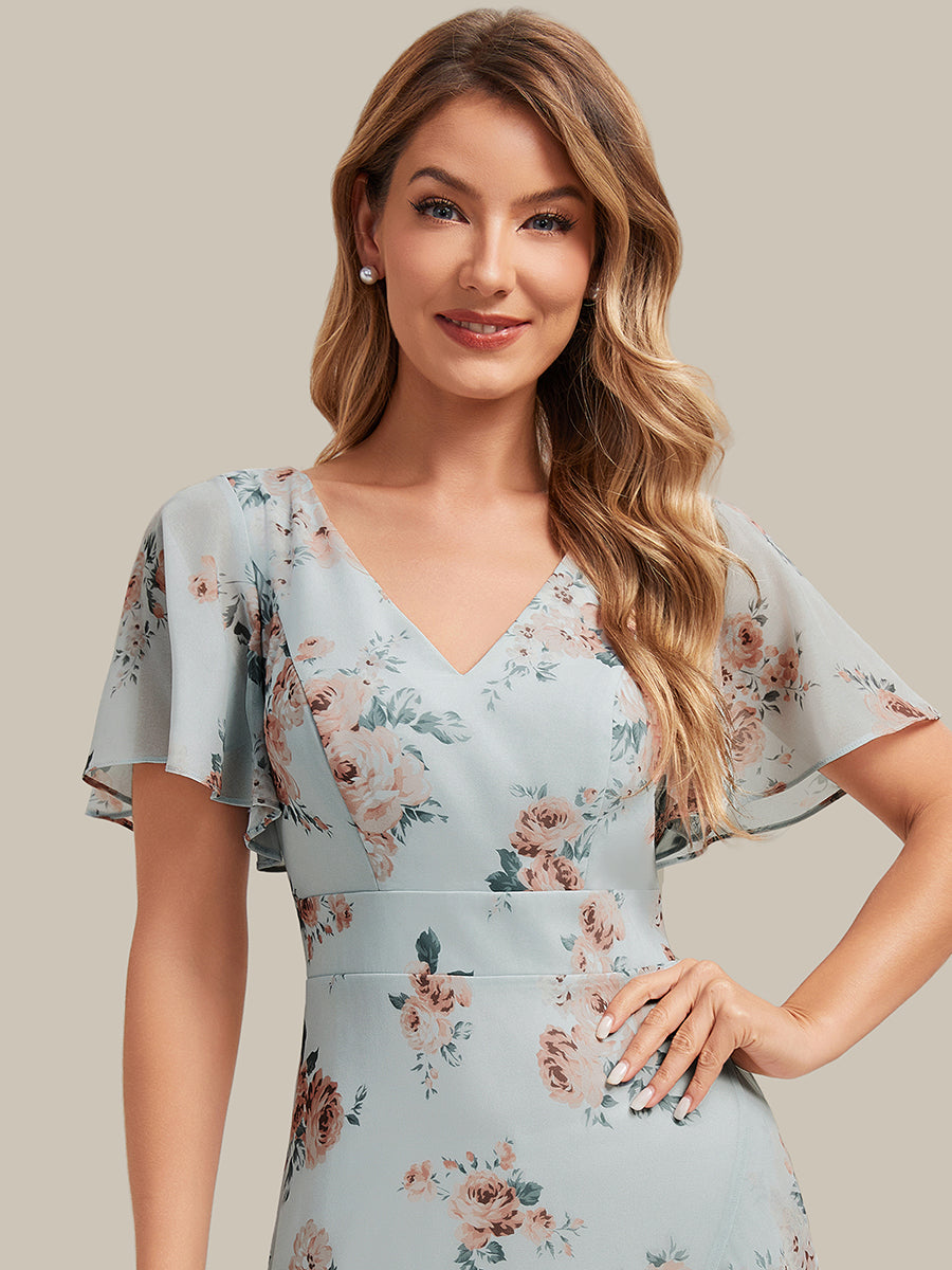 Asymmetrischer Saum V-Ausschnitt Chiffon Kleid Mit Tiefem V-Ausschnitt R¨¹schen Und Raffung Details #Farbe_Bernstein