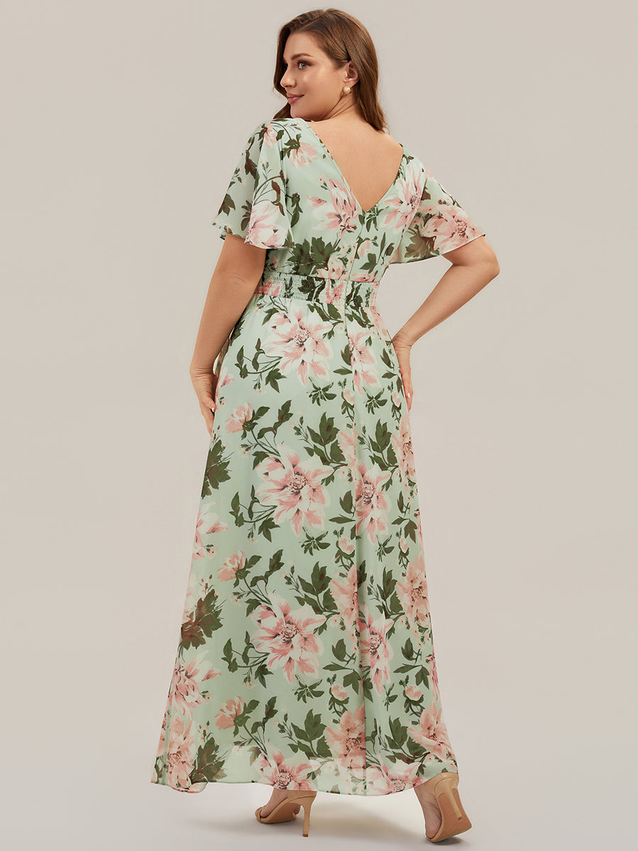 Asymmetrischer Saum V-Ausschnitt Chiffon Kleid Mit Tiefem V-Ausschnitt R¨¹schen Und Raffung Details #Farbe_Hellgrün mit Blumenmuster