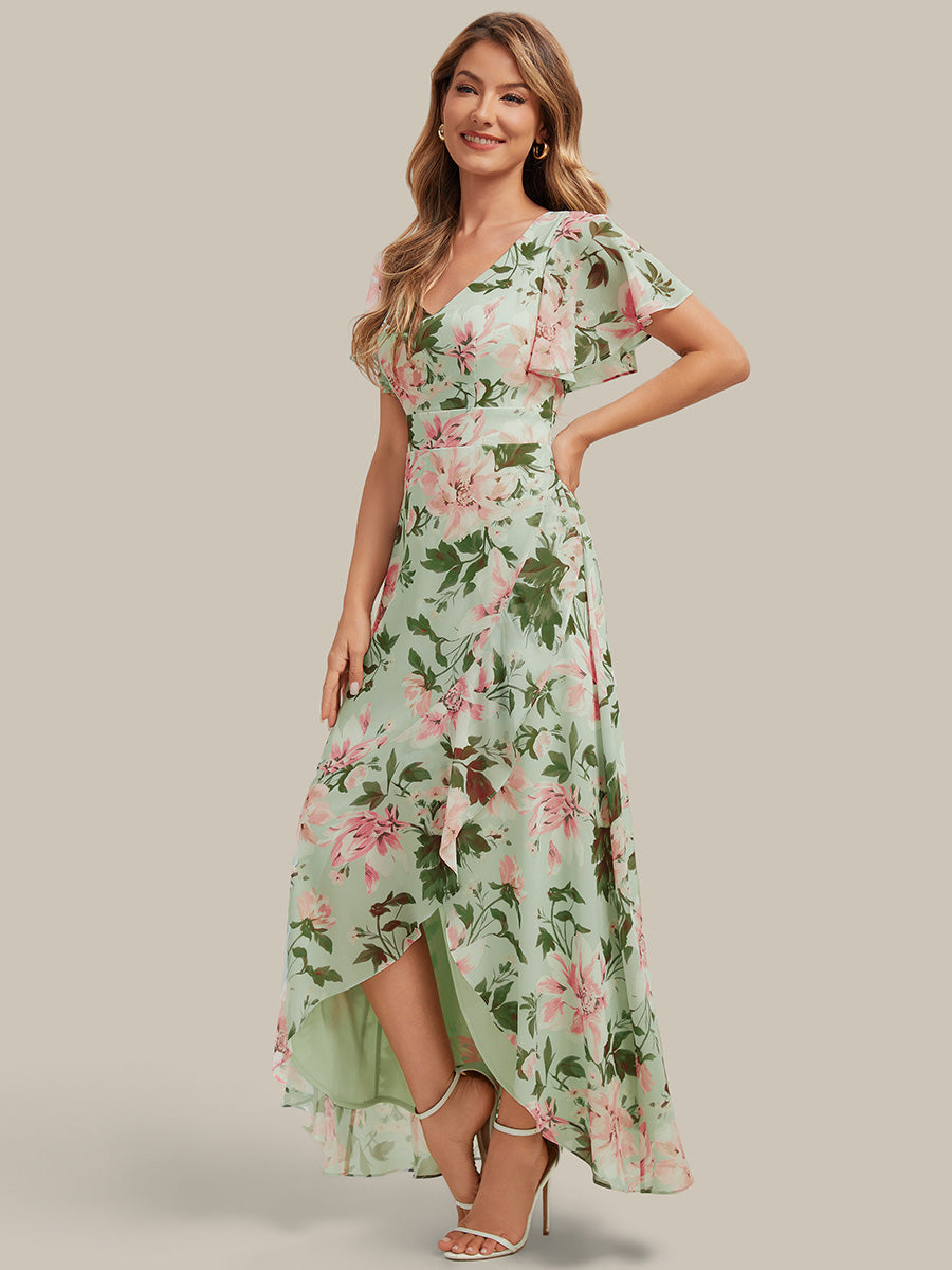 Asymmetrischer Saum V-Ausschnitt Chiffon Kleid Mit Tiefem V-Ausschnitt R¨¹schen Und Raffung Details #Farbe_Hellgrün mit Blumenmuster