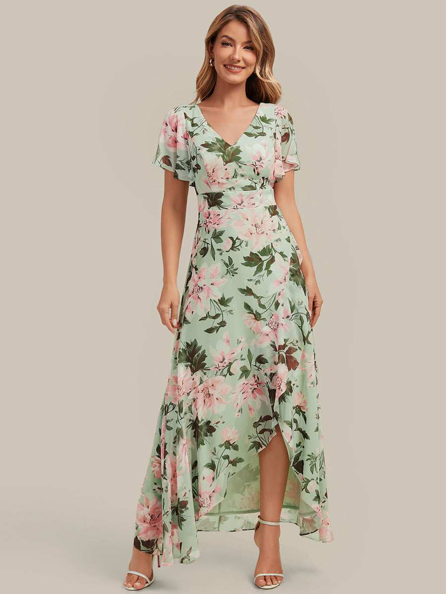 Asymmetrischer Saum V-Ausschnitt Chiffon Kleid Mit Tiefem V-Ausschnitt R¨¹schen Und Raffung Details #Farbe_Hellgrün mit Blumenmuster