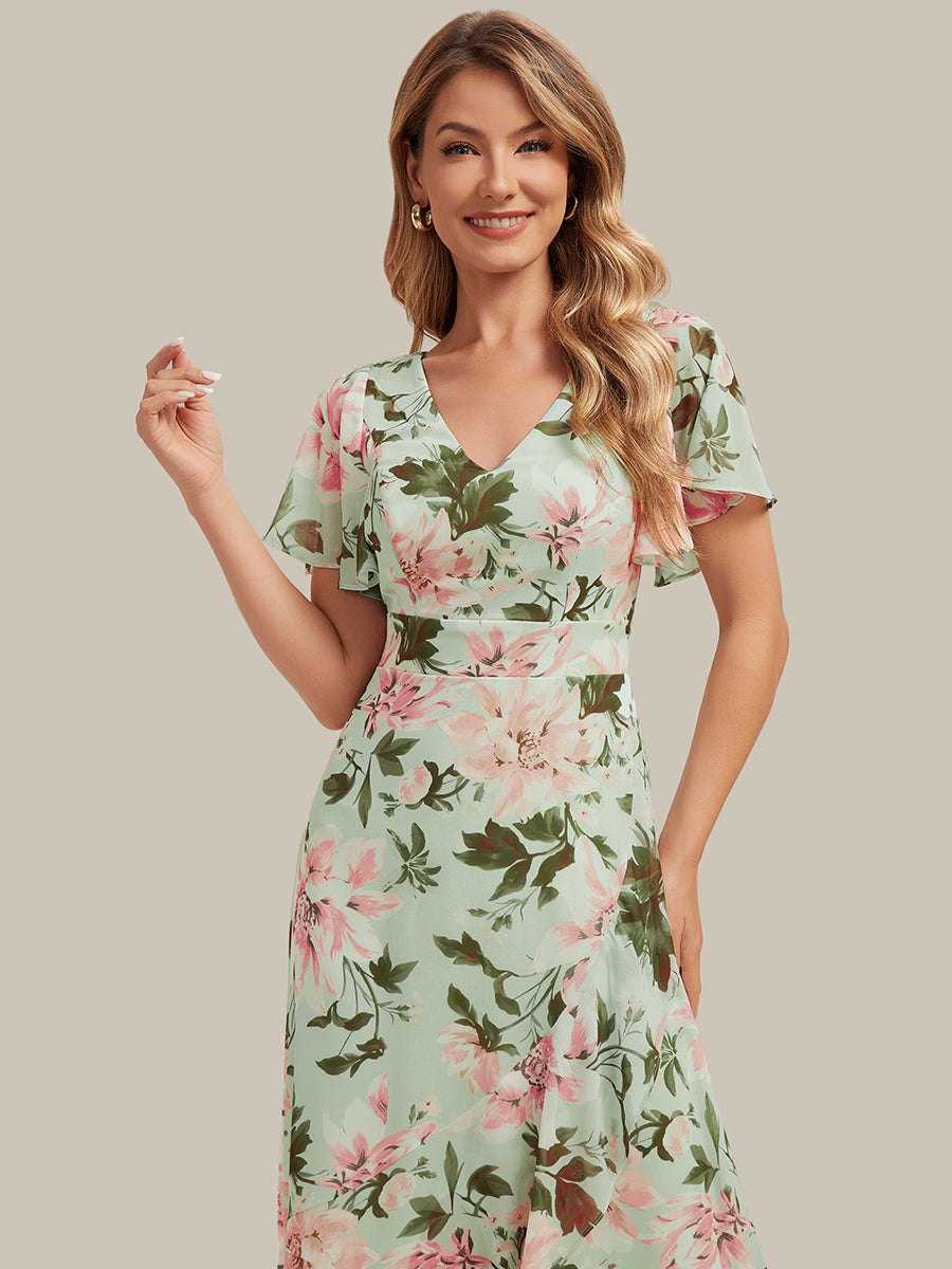 Asymmetrischer Saum V-Ausschnitt Chiffon Kleid Mit Tiefem V-Ausschnitt R¨¹schen Und Raffung Details #Farbe_Hellgrün mit Blumenmuster