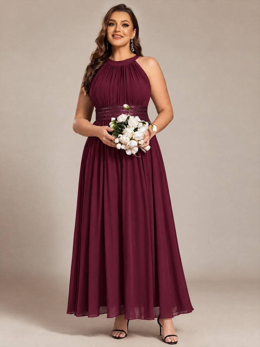 Maxilänge Halternacken Ausschnitt A-Linien Kleid Aus Chiffon Mit Corsage Für Elegante Anlässe Kleid #Farbe_Burgunderrot
