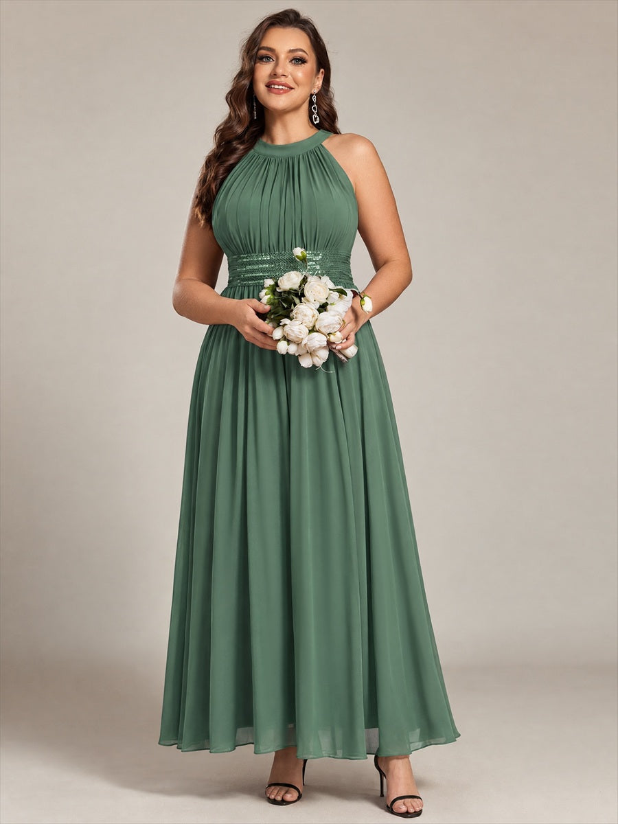 Maxilänge Halternacken Ausschnitt A-Linien Kleid Aus Chiffon Mit Corsage Für Elegante Anlässe Kleid #Farbe_Eukalyptus