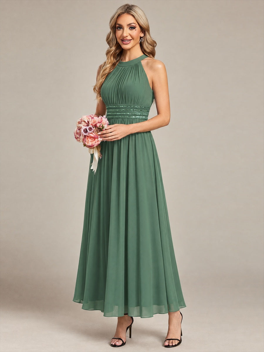 Maxilänge Halternacken Ausschnitt A-Linien Kleid Aus Chiffon Mit Corsage Für Elegante Anlässe Kleid #Farbe_Eukalyptus