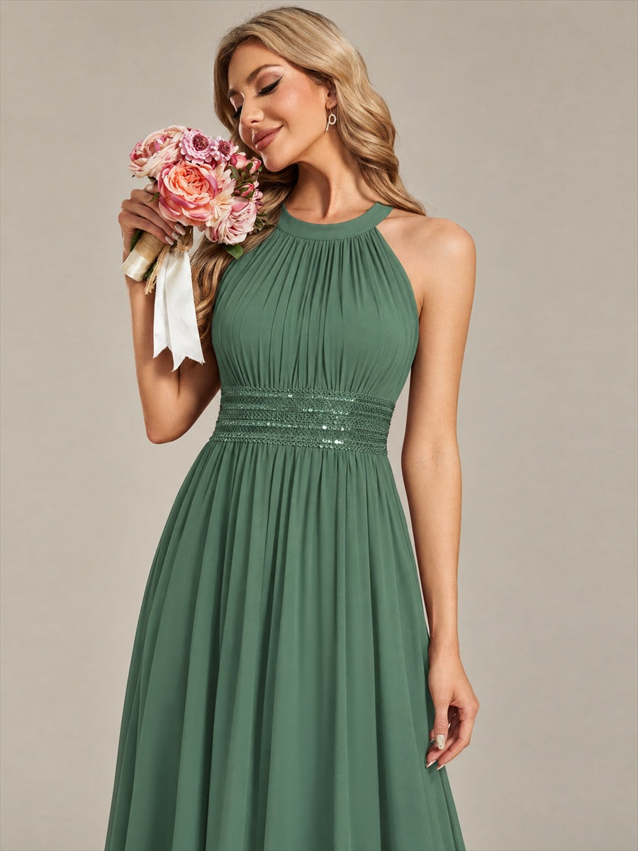Maxilänge Halternacken Ausschnitt A-Linien Kleid Aus Chiffon Mit Corsage Für Elegante Anlässe Kleid #Farbe_Eukalyptus