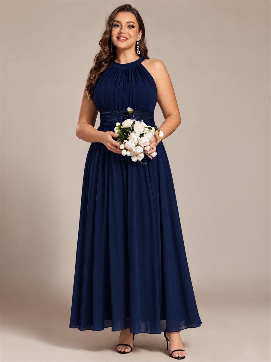 Maxilänge Halternacken Ausschnitt A-Linien Kleid Aus Chiffon Mit Corsage Für Elegante Anlässe Kleid #Farbe_Marineblau