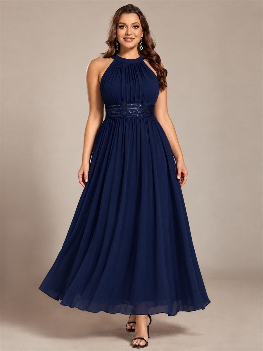 Maxilänge Halternacken Ausschnitt A-Linien Kleid Aus Chiffon Mit Corsage Für Elegante Anlässe Kleid #Farbe_Marineblau