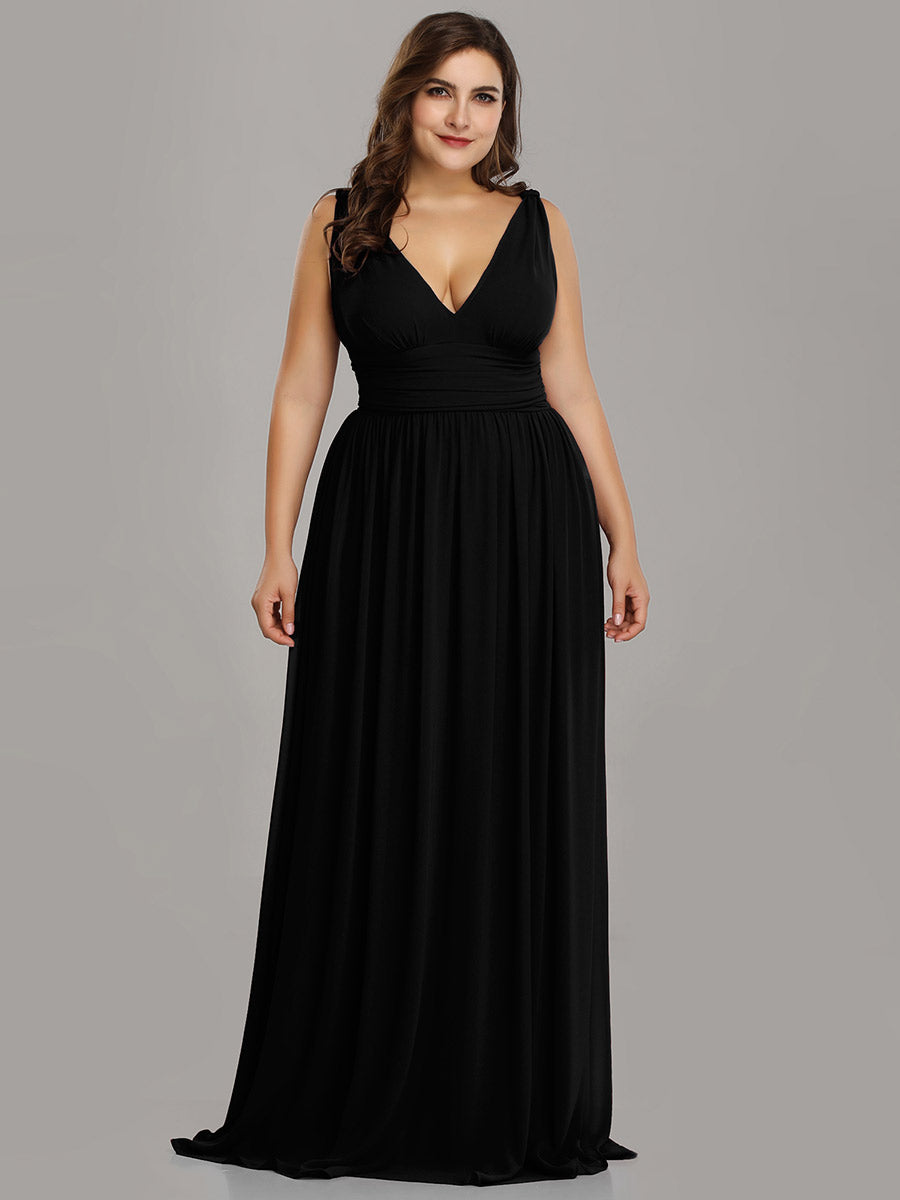Damen V-Ausschnitt Lange Chiffon Abendkleider Festkleider 09016 #farbe_Schwarz