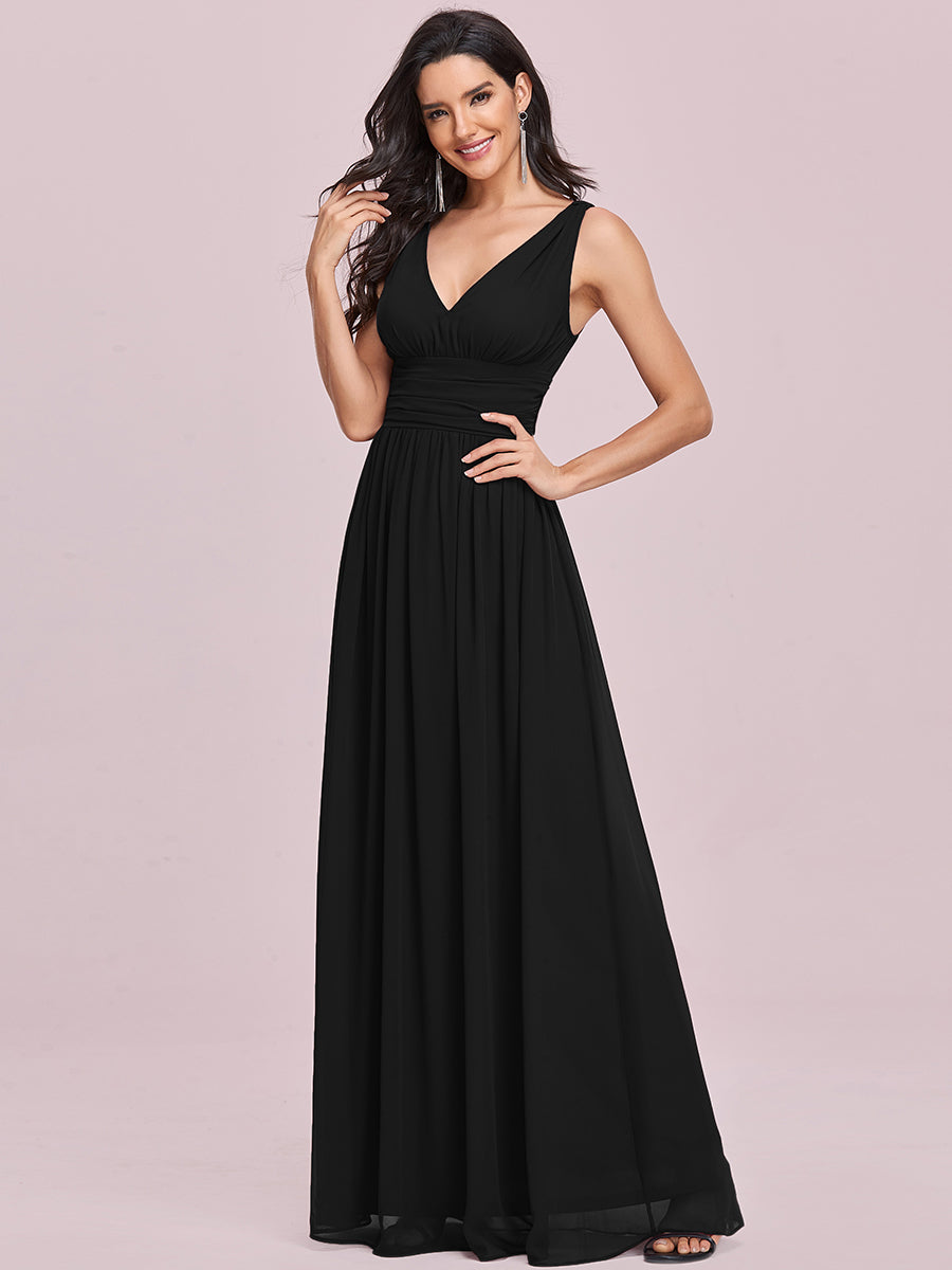 Damen V-Ausschnitt Lange Chiffon Abendkleider Festkleider 09016 #farbe_Schwarz