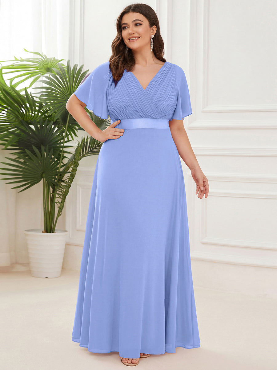 Langes Brautjungfernkleid mit Empire-Taille und kurzen, flatternden Ärmeln #Farbe_Kornblumenblau