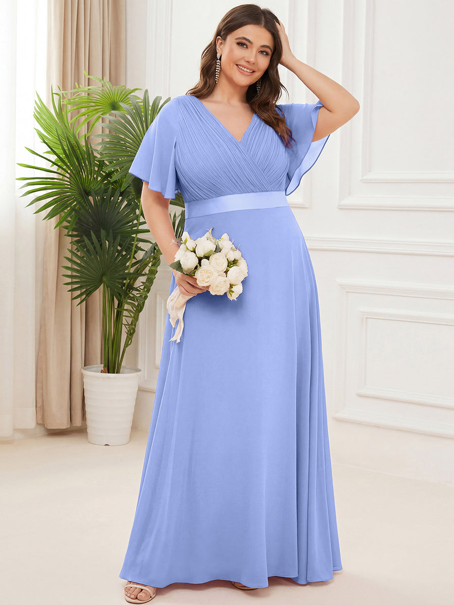 Langes Brautjungfernkleid mit Empire-Taille und kurzen, flatternden Ärmeln #Farbe_Kornblumenblau