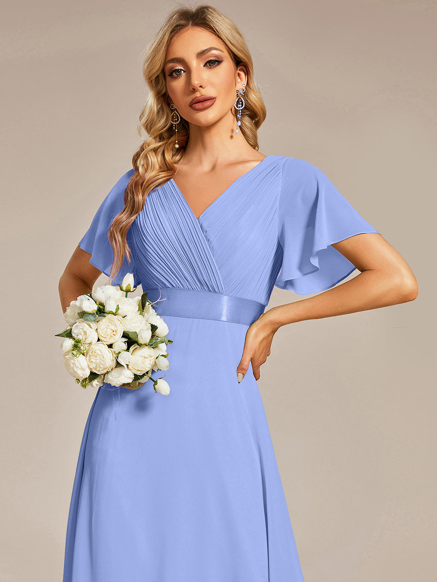 Langes Brautjungfernkleid mit Empire-Taille und kurzen, flatternden Ärmeln #Farbe_Kornblumenblau