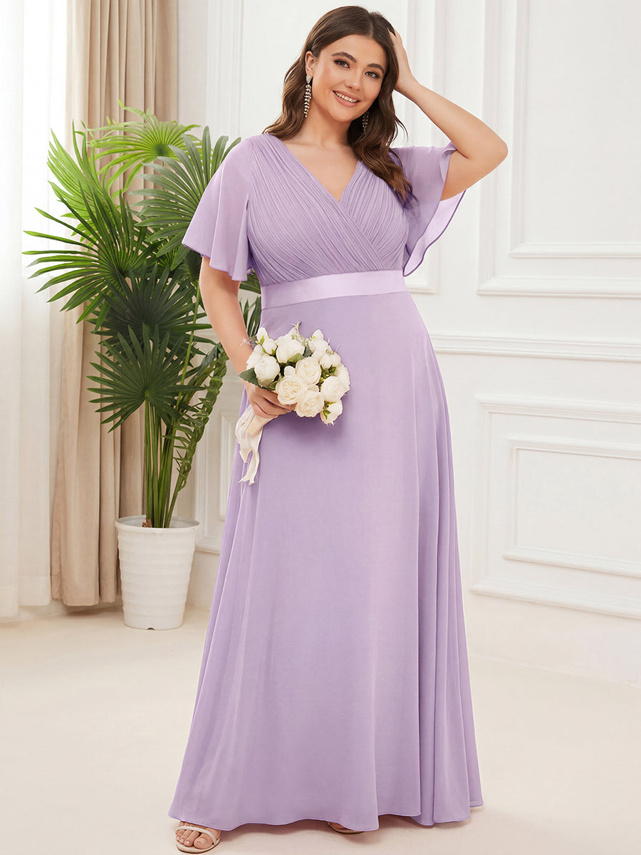 Langes Brautjungfernkleid mit Empire-Taille und kurzen, flatternden Ärmeln #Farbe_Mattflieder