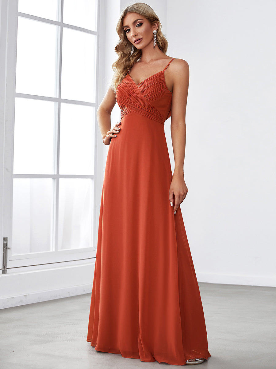 Brautjungfernkleid mit V-Ausschnitt schmalen Trägern und bodenlangem Rock #Farbe_Gebranntes Orange