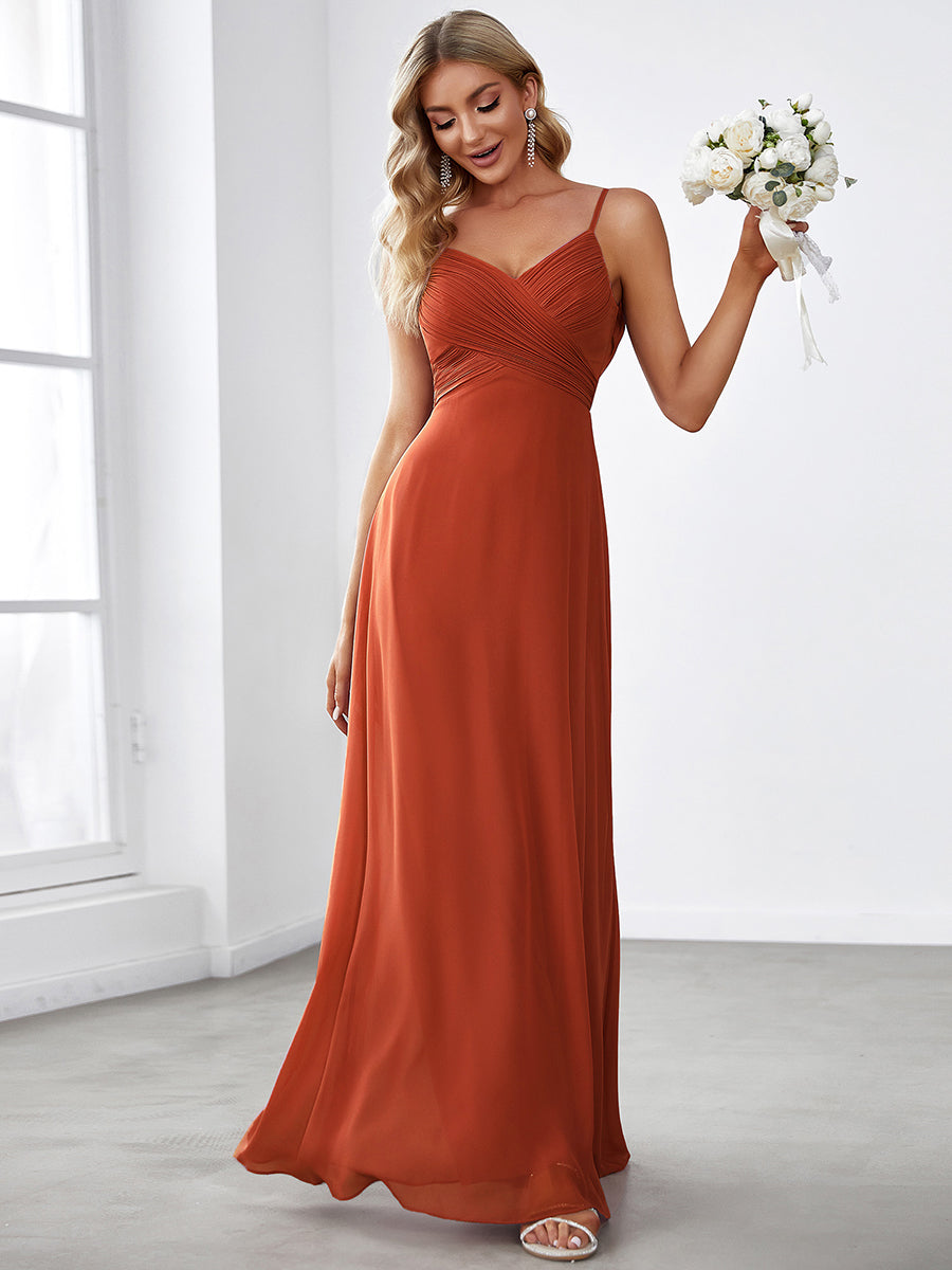 Brautjungfernkleid mit V-Ausschnitt schmalen Trägern und bodenlangem Rock #Farbe_Gebranntes Orange