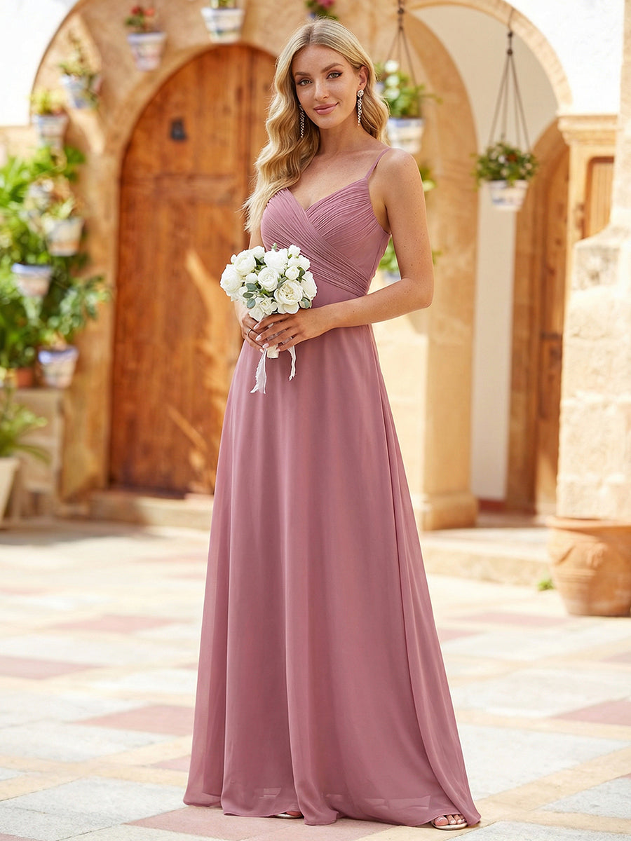 Bodenlanger V-Ausschnitt A-Linie Chiffon Kleid Plissiert Rückenfrei Eleganz Kleid #Farbe_Altrosa