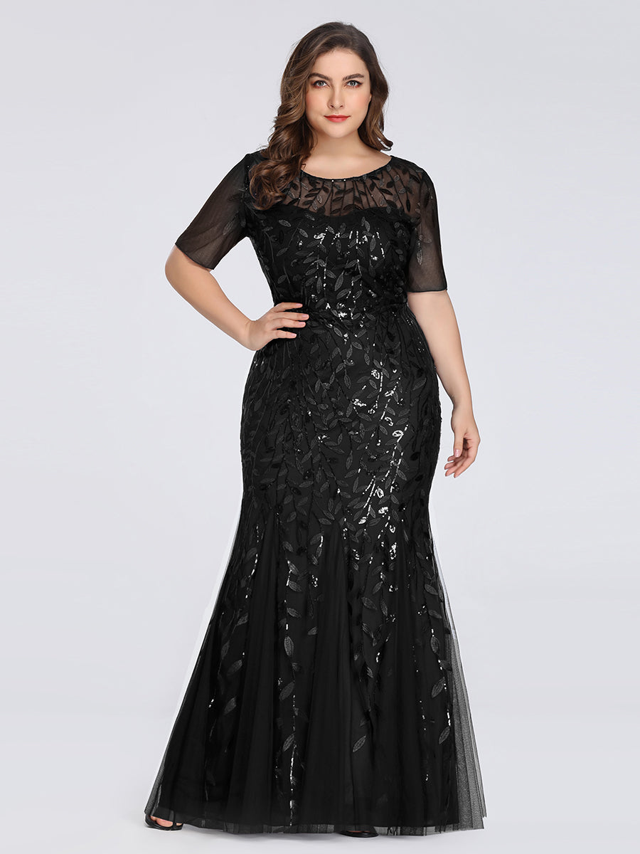Bodenlanger Bodycon Kleid Mit Rundhalsausschnitt Pailletten Bestickte Patchwork Details #Farbe_Schwarz
