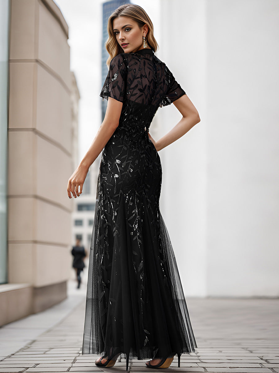 Bodenlanger Bodycon Kleid Mit Rundhalsausschnitt Pailletten Bestickte Patchwork Details #Farbe_Schwarz