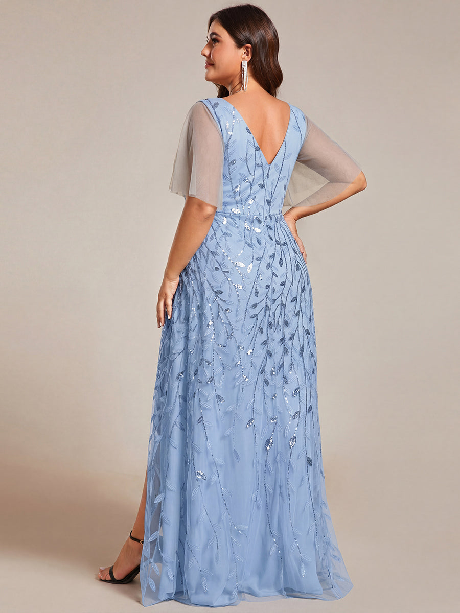 Maxilänge, V-Ausschnitt, asymmetrischer Saum, Pailletten-Kleid mit tiefem V-Ausschnitt und funkelnden Details #Farbe_Himmelblau