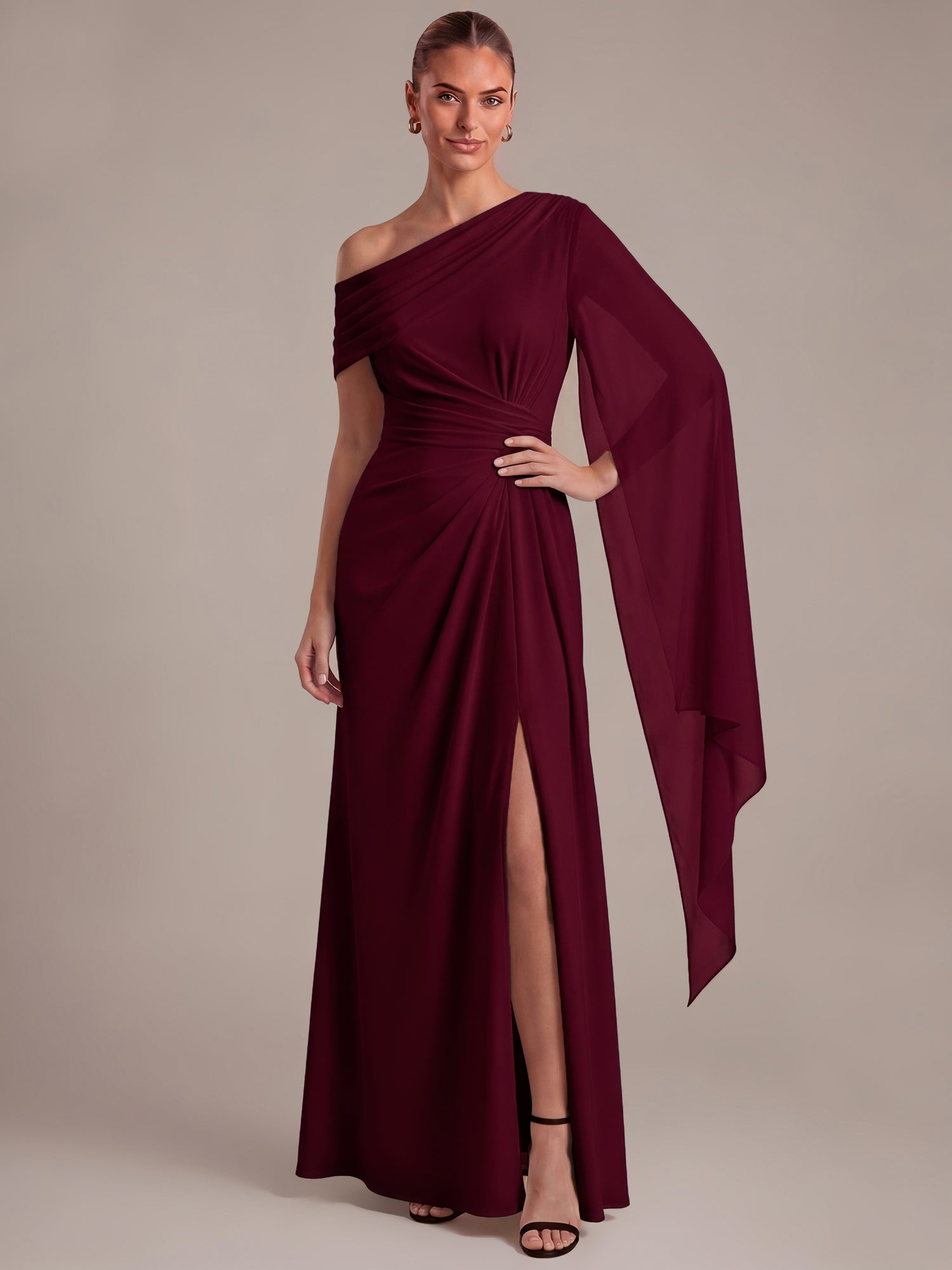 Maxilänge A-Linien-Kleid Asymmetrischer Ausschnitt Mesh Plissiert Schlitz #Farbe_Burgunderrot