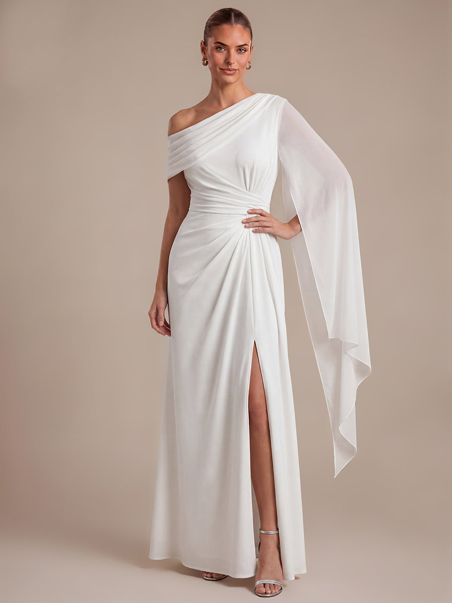 Maxilänge A-Linien-Kleid Asymmetrischer Ausschnitt Mesh Plissiert Schlitz #Farbe_Weiß