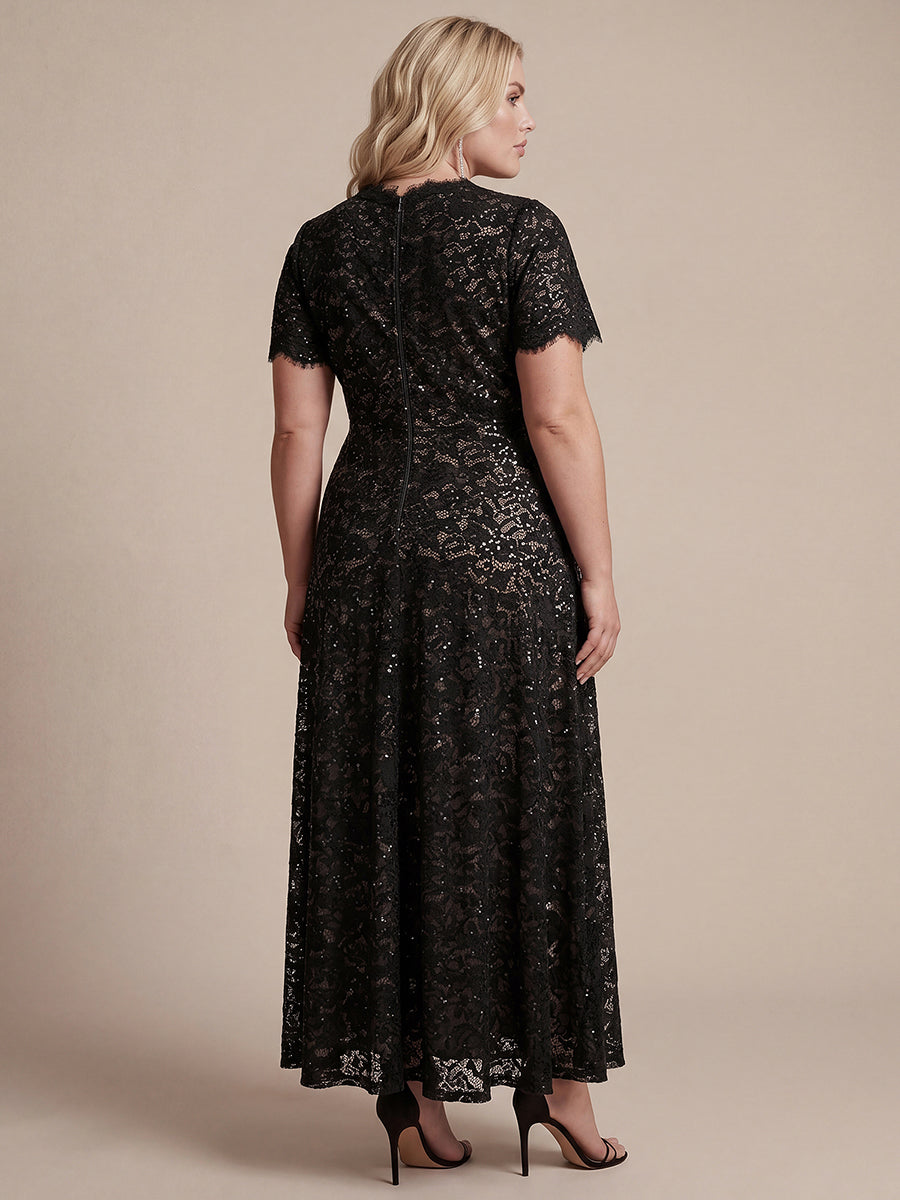 Kn?chellanges A-Linien-Kleid ¨¹berkreuzter Ausschnitt Spitze Pailletten Volants #Farbe_Schwarz