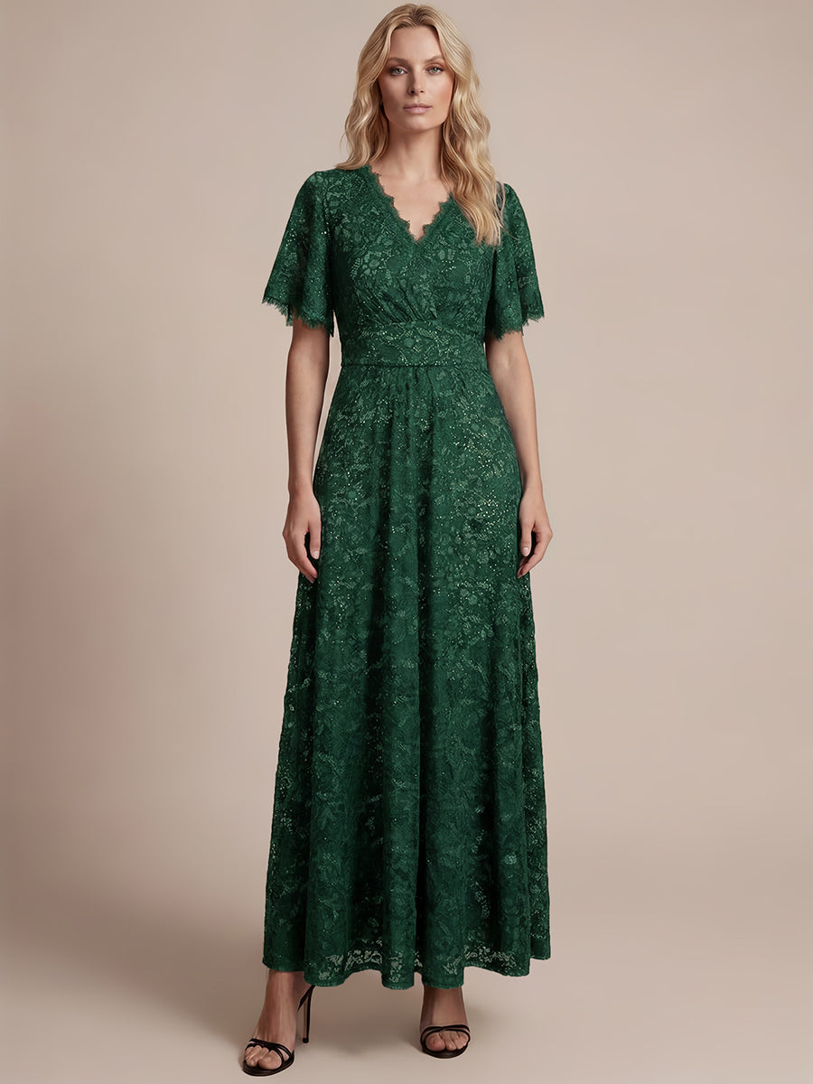 Kn?chellanges A-Linien-Kleid ¨¹berkreuzter Ausschnitt Spitze Pailletten Volants #Farbe_Dunkelgrün