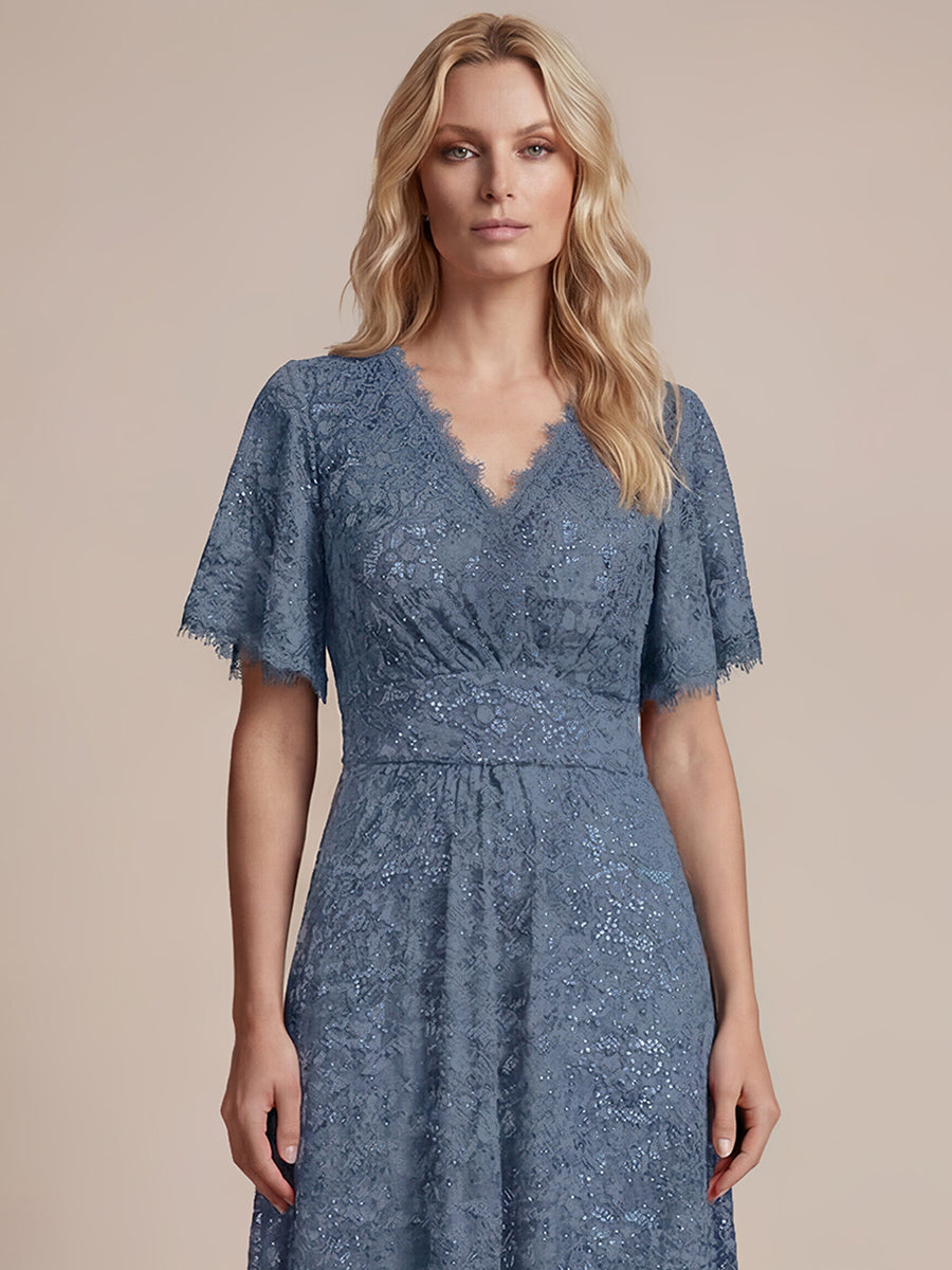 Kn?chellanges A-Linien-Kleid ¨¹berkreuzter Ausschnitt Spitze Pailletten Volants #Farbe_Taubenblau
