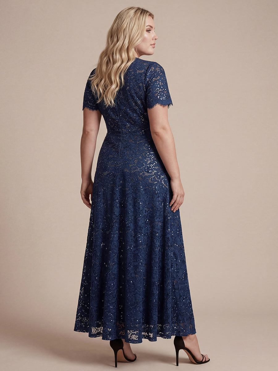 Kn?chellanges A-Linien-Kleid ¨¹berkreuzter Ausschnitt Spitze Pailletten Volants #Farbe_Marineblau