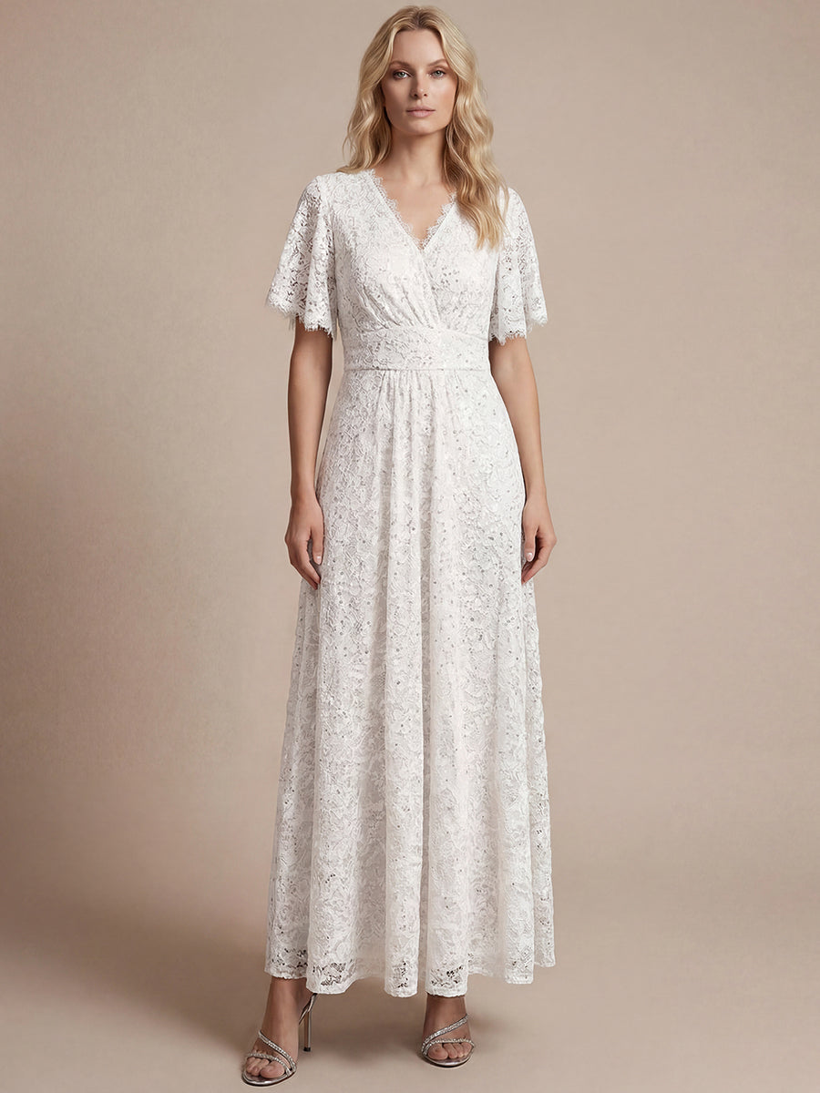 Kn?chellanges A-Linien-Kleid ¨¹berkreuzter Ausschnitt Spitze Pailletten Volants #Farbe_Weiß